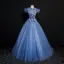 Vintage / Retro Ocean Blue Prom Dresses 2018 Ball Gown Lace Flower Appliques Bow Scoop Neck Backless Short Sleeve Floor-Length / Long Formal Dresses