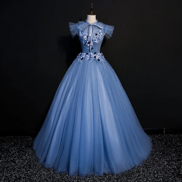 Vintage / Retro Ocean Blue Prom Dresses 2018 Ball Gown Lace Flower Appliques Bow Scoop Neck Backless Short Sleeve Floor-Length / Long Formal Dresses
