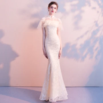 Chinese Style Champagne Evening Dresses 2018 Trumpet Mermaid Lace Flower Beading High Neck Backless Short Sleeve Floor Length Long Formal Dresses