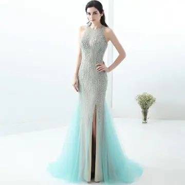 Chic Beautiful Grey Evening Dresses 2018 Trumpet Mermaid Split Front Handmade Beading Pearl Rhinestone Scoop Neck Sleeveless Sweep Train Formal Dresses