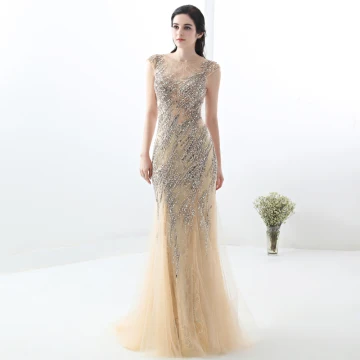 Chic Beautiful Champagne Evening Dresses 2018 Trumpet Mermaid Lace Handmade Beading Crystal Sequins Scoop Neck Sleeveless Floor Length Long Formal Dresses
