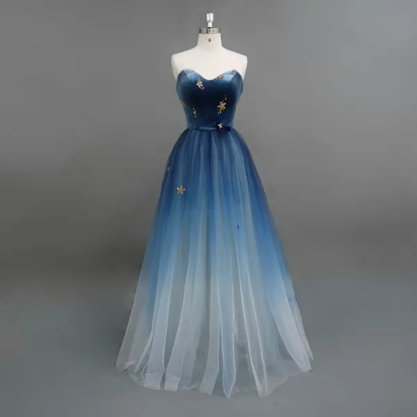 Modern / Fashion Navy Blue Evening Dresses  2018 A-Line / Princess Suede Sweetheart Star Bow Sleeveless Backless Floor-Length / Long Formal Dresses