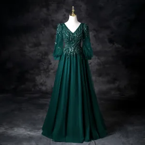 Vintage Originale Vert Foncé Perlage Paillettes Robe De Bal 2025 Princesse V Cou 3 4 Manches Dos Nu Longue Promo Robe De Ceremonie