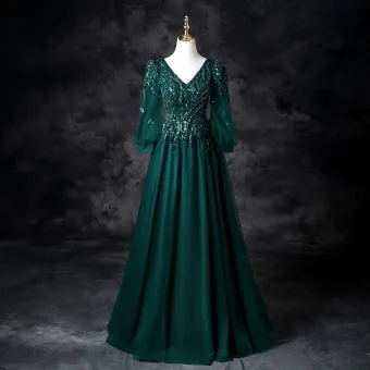 Vintage Originale Vert Foncé Perlage Paillettes Robe De Bal 2025 Princesse V Cou 3 4 Manches Dos Nu Longue Promo Robe De Ceremonie