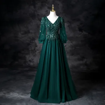 Vintage Retro Dark Green Beading Sequins Prom Dresses 2025 A Line Princess V Neck 3 4 Sleeve Backless Floor Length Long Prom Formal Dresses