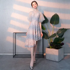 Chic Beautiful High Low Grey Homecoming Graduation Dresses 2018 A Line Princess Appliques V Neck Backless 1 2 Sleeves Short Formal Dresses
