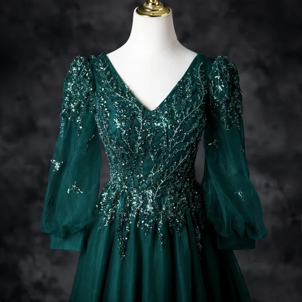Vintage / Retro Dark Green Beading Sequins Prom Dresses 2025 A-Line / Princess V-Neck 3/4 Sleeve Backless Floor-Length / Long Prom Formal Dresses