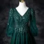 Vintage / Retro Dark Green Beading Sequins Prom Dresses 2025 A-Line / Princess V-Neck 3/4 Sleeve Backless Floor-Length / Long Prom Formal Dresses