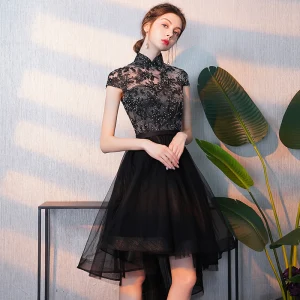 Elegant Black Cocktail Dresses 2018 A Line Princess Asymmetrical Rhinestone Embroidered High Neck Cap Sleeves Formal Dresses