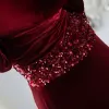 Sexy Burgundy Sequins Velvet Evening Dresses 2024 Trumpet / Mermaid Off-The-Shoulder Sleeveless Backless Sweep Train Evening Party Formal Dresses