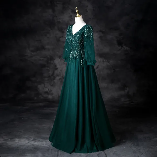 Vintage / Retro Dark Green Beading Sequins Prom Dresses 2025 A-Line / Princess V-Neck 3/4 Sleeve Backless Floor-Length / Long Prom Formal Dresses