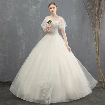 Elegant Ivory Wedding Dresses 2018 Ball Gown Beading Crystal Sequins Lace Flower Scoop Neck Short Sleeve Backless Floor Length Long Wedding