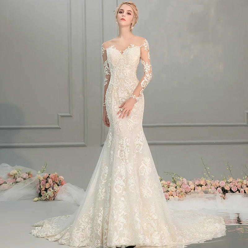chinese dress ladies Lace trumpet mermaid long sleeve Wedding Dress main image 1