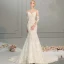 Sexy Champagne Wedding Dresses 2018 Trumpet / Mermaid Lace Flower Pearl Scoop Neck Long Sleeve Chapel Train Wedding