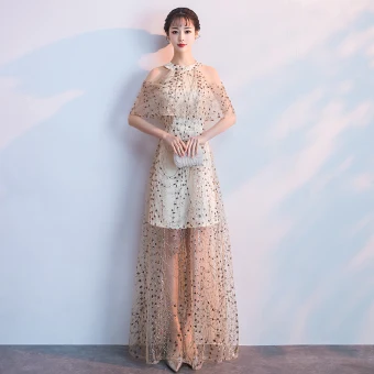 Sexy Champagne Evening Dresses 2018 A Line Princess Glitter Sequins Scoop Neck Strapless Sleeveless Floor Length Long Formal Dresses
