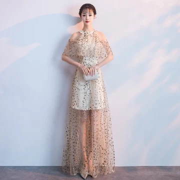 Sexy Champagne Robe De Soirée 2018 Princesse Glitter Paillettes Encolure Dégagée Bustier Sans Manches Longue Robe De Ceremonie