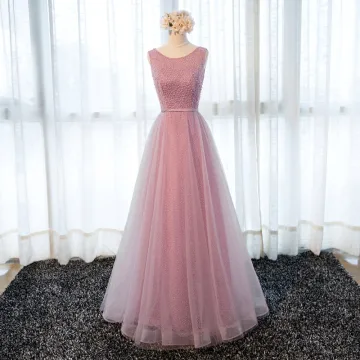 Chic Beautiful Candy Pink Prom Dresses 2018 A Line Princess Bow Pearl Sash Scoop Neck Backless Sleeveless Floor Length Long Formal Dresses