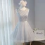 Chic / Beautiful Grey Summer Homecoming Graduation Dresses 2018 A-Line / Princess Beading Pearl Sash Scoop Neck Backless Sleeveless Short Formal Dresses