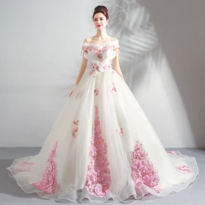 Chic Beautiful White Wedding Dresses 2018 Ball Gown Appliques Lace Embroidered Pearl Off The Shoulder Backless Sleeveless Chapel Train Wedding