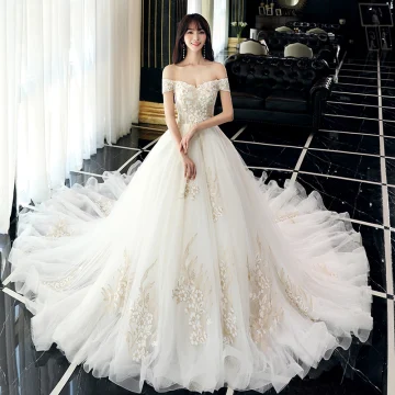 Elegant Champagne Wedding Dresses 2018 Ball Gown Appliques Lace Flower Off The Shoulder Backless Sleeveless Cathedral Train Wedding
