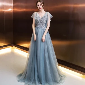 Élégant Robe De Soirée 2018 Princesse Appliques Perlage Cristal Perle V Cou Dos Nu Manches Courtes Longue