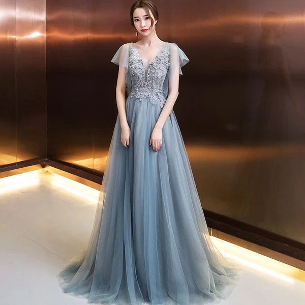 Elegant Evening Dresses 2018 A-Line / Princess Appliques Beading Crystal Pearl V-Neck Backless Short Sleeve Floor-Length / Long