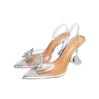 Sexy Silver Evening Party Rhinestone Butterfly Womens Sandals 2021 Leather Slingbacks 10 Cm Stiletto Heels Pointed Toe Sandals High Heels