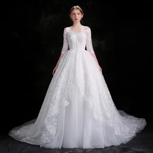 Chic Beautiful White Wedding Dresses 2018 Ball Gown Buttons Lace Sequins Off The Shoulder 3 4 Sleeve Chapel Train Wedding