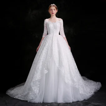 Chic Beautiful White Wedding Dresses 2018 Ball Gown Buttons Lace Sequins Off The Shoulder 3 4 Sleeve Chapel Train Wedding