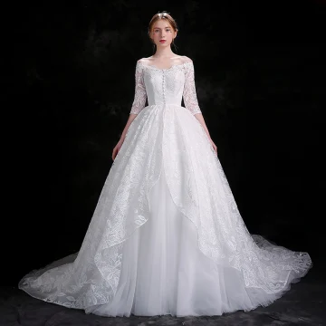 Chic Belle Blanche Robe De Mariée 2018 Robe Boule Boutons En Dentelle Paillettes De L Épaule 3 4 Manches Chapel Train Mariage