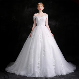 Mooie Prachtige Witte Trouwjurken 2018 Baljurk Kant Bloem Rhinestone Organza Uit De Schouder Ruglooze Mouwloos Cathedral Train Huwelijk
