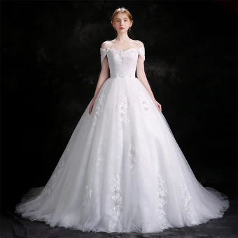 Chic Beautiful White Wedding Dresses 2018 Ball Gown Lace Flower Rhinestone Organza Off The Shoulder Backless Sleeveless Cathedral Train Wedding