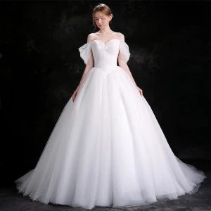Modest Simple White Wedding Dresses 2018 Ball Gown Off The Shoulder Backless Sleeveless Cathedral Train Wedding