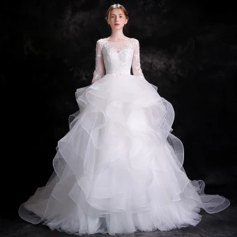 Elegant White Wedding Dresses 2018 Ball Gown Appliques Lace Cascading Ruffles Scoop Neck Backless 3 4 Sleeve Chapel Train Wedding