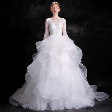 Elegant White Wedding Dresses 2018 Ball Gown Appliques Lace Cascading Ruffles Scoop Neck Backless 3 4 Sleeve Chapel Train Wedding