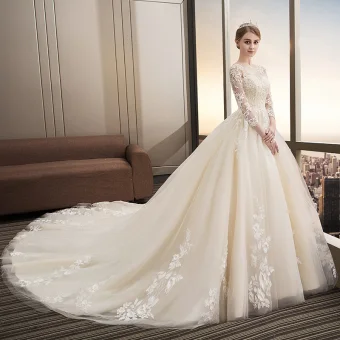 Modern Fashion Champagne Wedding Dresses 2018 Ball Gown Appliques Lace Sequins Scoop Neck Backless 3 4 Sleeve Cathedral Train Wedding