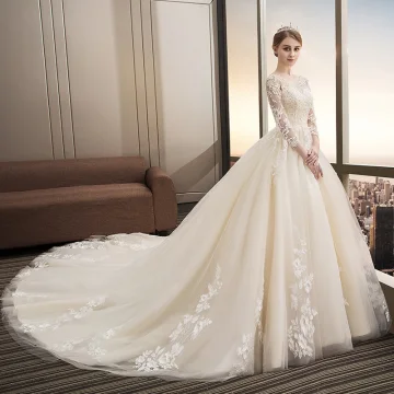Modern Fashion Champagne Wedding Dresses 2018 Ball Gown Appliques Lace Sequins Scoop Neck Backless 3 4 Sleeve Cathedral Train Wedding