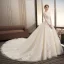 Moderne / Mode Champagne Robe De Mariée 2018 Robe Boule Appliques En Dentelle Paillettes Encolure Dégagée Dos Nu 3/4 Manches Cathedral Train Mariage