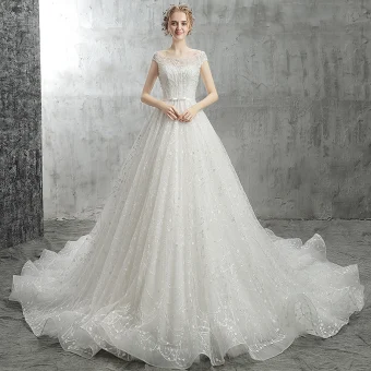 Modern Fashion White Wedding Dresses 2018 A Line Princess Bow Beading Crystal Pearl Sequins Scoop Neck Backless Cap Sleeves Cathedral Train Wedding