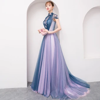Modern Fashion Lavender Evening Dresses 2018 A Line Princess Appliques Beading Crystal Bow High Neck Backless Short Sleeve Sweep Train Formal Dresses