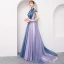 Modern / Fashion Lavender Evening Dresses  2018 A-Line / Princess Appliques Beading Crystal Bow High Neck Backless Short Sleeve Sweep Train Formal Dresses