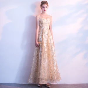 Sparkly Champagne Evening Dresses 2018 A Line Princess Sash Glitter Sequins V Neck Backless Sleeveless Ankle Length Formal Dresses