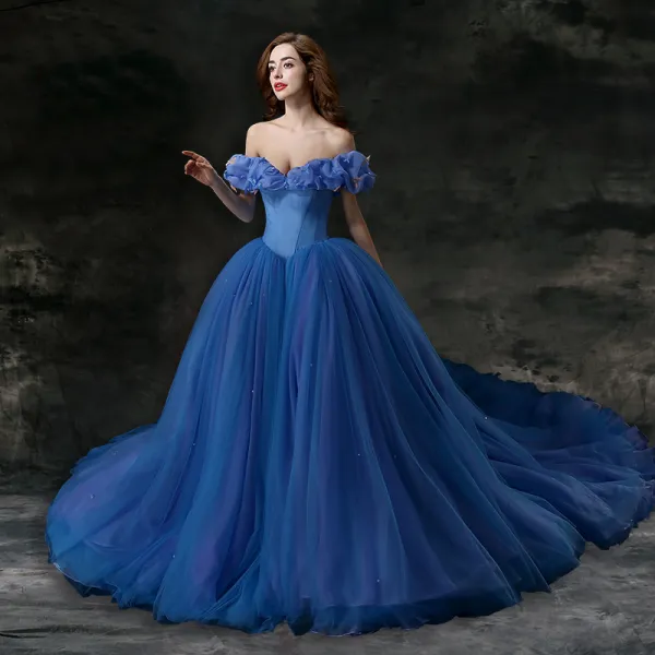 Cinderella Ocean Blue Prom Dresses 2018 Ball Gown Charmeuse Butterfly Off-The-Shoulder Backless Sleeveless Cathedral Train Formal Dresses