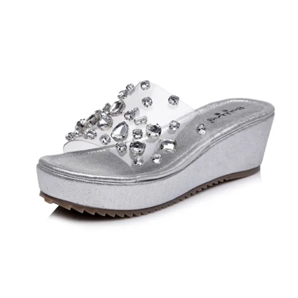 Sparkly Silver Outdoor / Garden Womens Sandals 2017 Slipper & Flip flops PU Rhinestone Open / Peep Toe