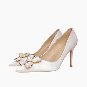 Eleganta Elfenben Afton Silke Satin Pumps 2021 Pärla 8 Cm Stilettklackar Spetsiga Pumps Högklackade