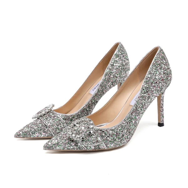 Glittrande Silver Rhinestone Paljetter Läder Brudskor 2021 9 cm Stilettklackar Spetsiga Bröllop Pumps Högklackade