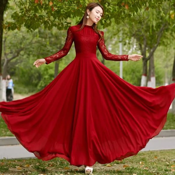 Chic / Beautiful Burgundy Casual Maxi Dresses 2018 A-Line / Princess Lace Scoop Neck Long Sleeve Floor-Length / Long Womens Clothing