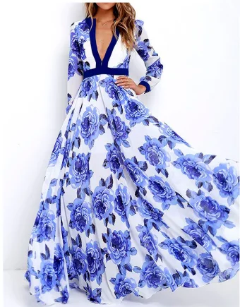 Modern Fashion Ocean Blue Maxi Dresses 2018 A Line Princess Printing V Neck Long Sleeve Floor Length Long Womens Clothing