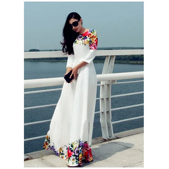 Chic / Beautiful Ivory Casual Maxi Dresses 2018 A-Line / Princess Printing  Scoop Neck 3/4 Sleeve