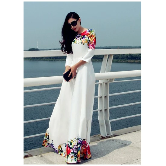 Chic / Beautiful Ivory Casual Maxi Dresses 2018 A-Line / Princess Printing  Scoop Neck 3/4 Sleeve Ankle Length Women's Clothing